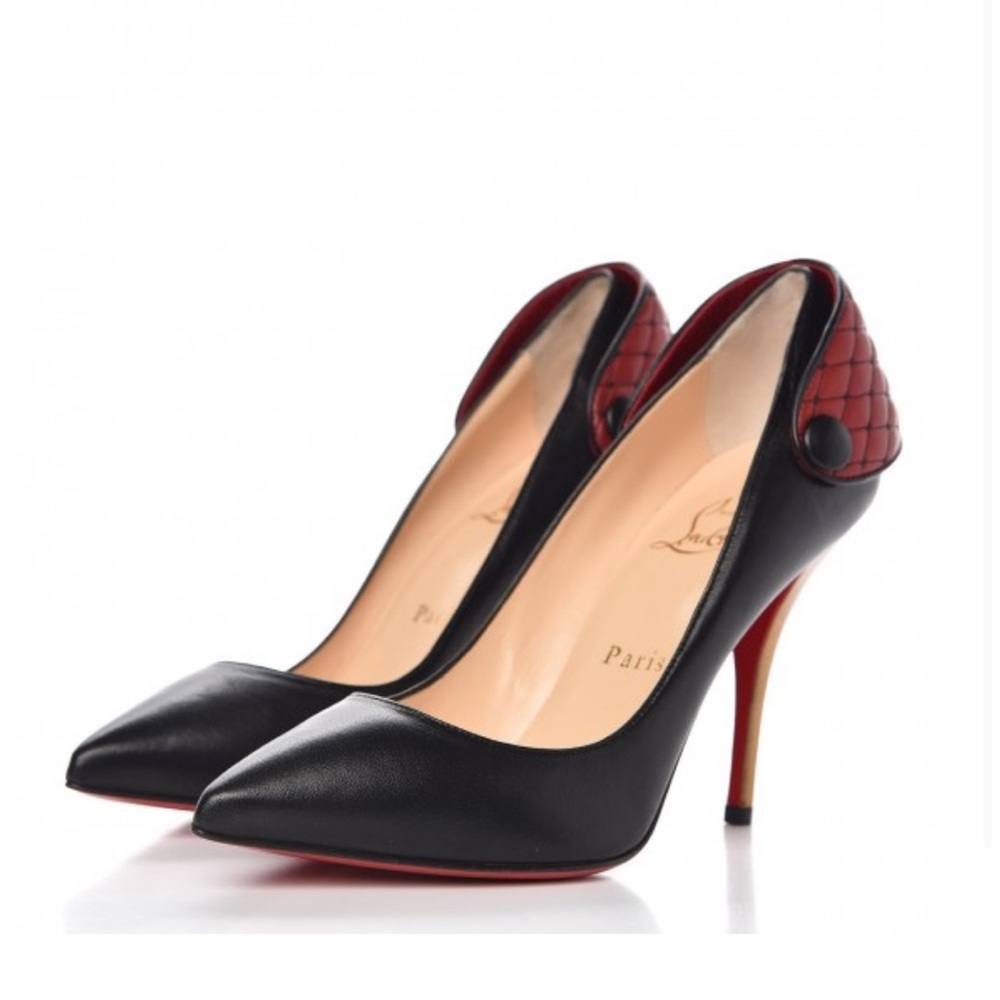 Christian Louboutin Black Leather Pumps with Quilted Red Heel Accent